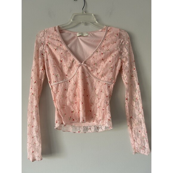 Thirty Thirty Tops - Thirty Thirty Pink Floral Rose Lace Top Mesh Sleeve Bow Detail Coquette Size S